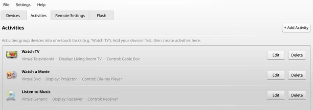 The Activities tab with Watch TV, Watch a Movie and Listen to Music