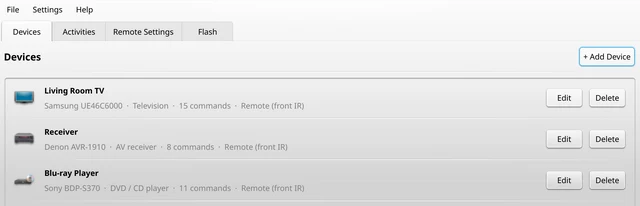 The Devices tab with a TV, a receiver and a Blu-ray player
